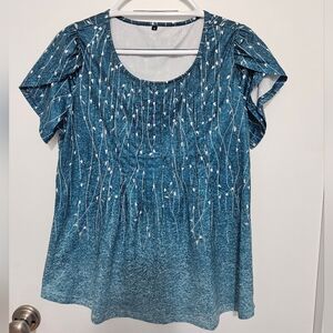 Blue Printed Short Sleeve Women’s Silky Top Size Medium